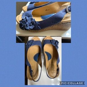 B.O.C Blue Leather Platform Wedge Flowers Size 11